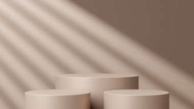 Geometrik podyum platformlu 3D ürün kahverengi minimal sahne. Podyumlu silindir arkaplan 3d. Kozmetik ürünleri anlamına gelir.