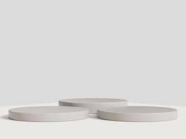 Boş podyum ya da beyaz arkaplanda silindir stand kavramına sahip kaide görüntüsü. Boş ürün rafı ayakta duruyor. 3B görüntüleme.