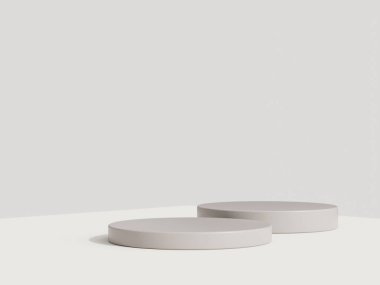 Boş podyum ya da beyaz arkaplanda silindir stand kavramına sahip kaide görüntüsü. Boş ürün rafı ayakta duruyor. 3B görüntüleme.