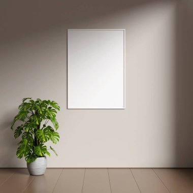 Kahverengi duvarda boş resim çerçevesi modeli. Kahverengi oturma odası tasarımı. Modern minimalist iç mekan görüntüsü ve sanat eserleri duvara yansıyor..