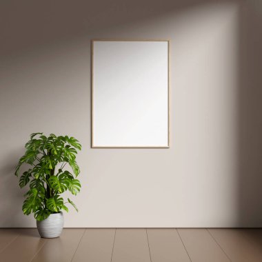 Kahverengi duvarda boş resim çerçevesi modeli. Kahverengi oturma odası tasarımı. Modern minimalist iç mekan görüntüsü ve sanat eserleri duvara yansıyor..