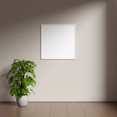 Kahverengi duvarda boş resim çerçevesi modeli. Kahverengi oturma odası tasarımı. Modern minimalist iç mekan görüntüsü ve sanat eserleri duvara yansıyor..
