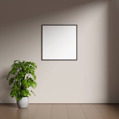 Kahverengi duvarda boş resim çerçevesi modeli. Kahverengi oturma odası tasarımı. Modern minimalist iç mekan görüntüsü ve sanat eserleri duvara yansıyor..