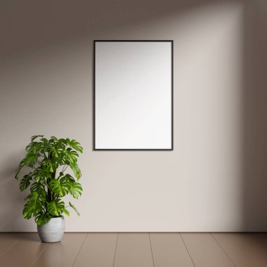 Kahverengi duvarda boş resim çerçevesi modeli. Kahverengi oturma odası tasarımı. Modern minimalist iç mekan görüntüsü ve sanat eserleri duvara yansıyor..