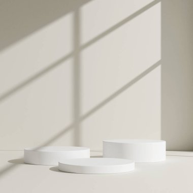 3D ürün bej, geometrik podyum platformlu minimal sahne. Podyumlu silindir arkaplan 3d. Kozmetik ürünleri anlamına geliyor. 3D bej stüdyosunda sahne gösterisi.