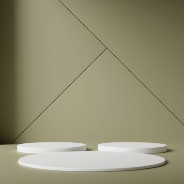 3D ürün bej, geometrik podyum platformlu minimal sahne. Podyumlu silindir arkaplan 3d. Kozmetik ürünleri anlamına geliyor. 3D bej stüdyosunda sahne gösterisi.