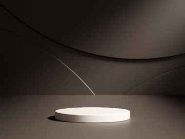 Kahverengi arka planda geometrik podyum platformlu 3D ürün minimal görüntüsü. Podyumlu silindir arkaplan 3d. Kozmetik ürünleri anlamına geliyor. Stüdyoda sahne gösterisi