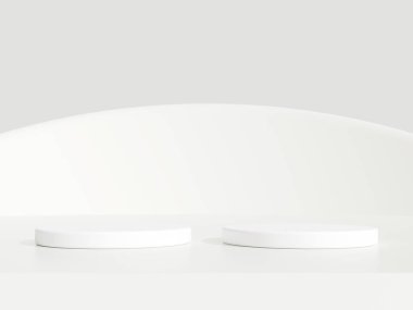 Gerçekçi beyaz silindir kaide seti olan soyut beyaz 3D oda. Ürün sunumu için en küçük sahne. 3 boyutlu çizim geometrik platform. Gösteri için sahne.
