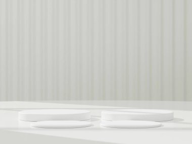 Gerçekçi beyaz silindir kaide seti olan soyut beyaz 3D oda. Ürün sunumu için en küçük sahne. 3 boyutlu çizim geometrik platform. Gösteri için sahne.