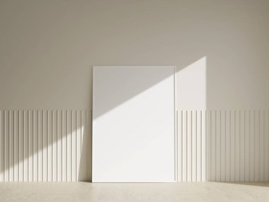 Ahşap zeminde yumuşak kahverengi duvarlı çerçeve maketi posteri. 3B illüstrasyonlar.