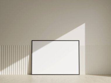 Ahşap zeminde yumuşak kahverengi duvarlı çerçeve maketi posteri. 3B illüstrasyonlar.