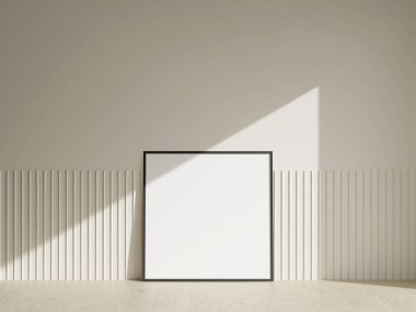 Ahşap zeminde yumuşak kahverengi duvarlı çerçeve maketi posteri. 3B illüstrasyonlar.