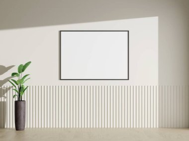 Ahşap zeminde yumuşak kahverengi duvarlı çerçeve maketi posteri. 3B illüstrasyonlar.