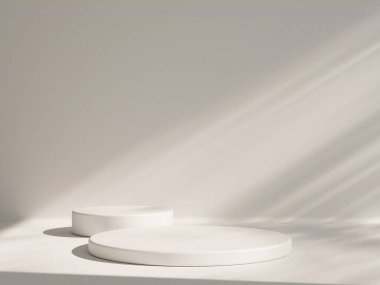 3D ürün bej, geometrik podyum platformlu minimal sahne. Podyumlu silindir arkaplan 3d. Kozmetik ürünleri anlamına geliyor. 3D bej stüdyosunda sahne gösterisi.