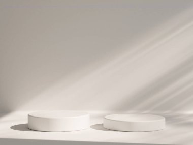 3D ürün bej, geometrik podyum platformlu minimal sahne. Podyumlu silindir arkaplan 3d. Kozmetik ürünleri anlamına geliyor. 3D bej stüdyosunda sahne gösterisi.