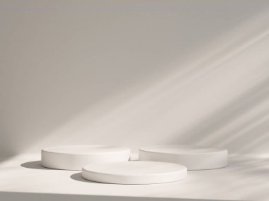 3D ürün bej, geometrik podyum platformlu minimal sahne. Podyumlu silindir arkaplan 3d. Kozmetik ürünleri anlamına geliyor. 3D bej stüdyosunda sahne gösterisi.