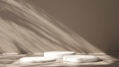 3D ürün bej, geometrik podyum platformlu minimal sahne. Podyumlu silindir arkaplan 3d. Kozmetik ürünleri anlamına geliyor. 3D bej stüdyosunda sahne gösterisi.