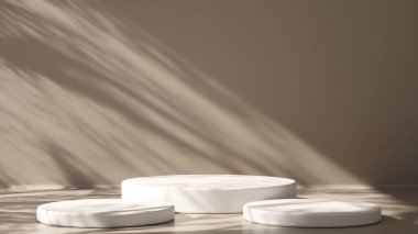 3D ürün bej, geometrik podyum platformlu minimal sahne. Podyumlu silindir arkaplan 3d. Kozmetik ürünleri anlamına geliyor. 3D bej stüdyosunda sahne gösterisi.