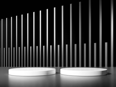Siyah arka planda geometrik podyum platformlu 3D ürün minimal görüntüsü. Podyumlu silindir arkaplan 3d. Kozmetik ürünleri anlamına geliyor. Stüdyoda sahne gösterisi