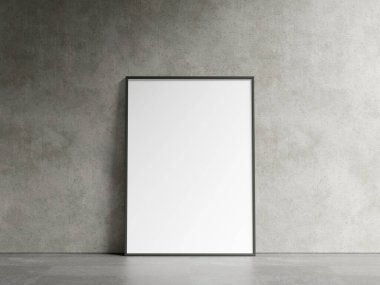 Boş yatay poster çerçevesi oturma odasının içinde, endüstriyel oturma odasının arka planında 3D görüntüleme.