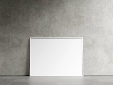 Boş yatay poster çerçevesi oturma odasının içinde, endüstriyel oturma odasının arka planında 3D görüntüleme.