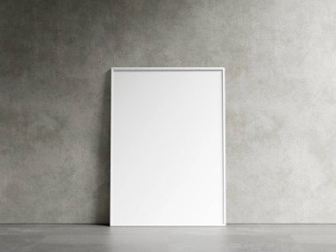 Boş yatay poster çerçevesi oturma odasının içinde, endüstriyel oturma odasının arka planında 3D görüntüleme.