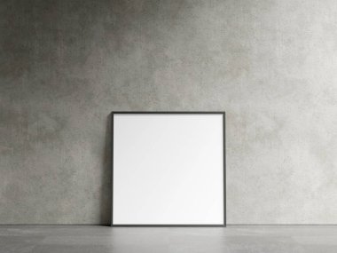 Boş yatay poster çerçevesi oturma odasının içinde, endüstriyel oturma odasının arka planında 3D görüntüleme.