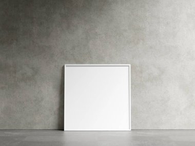 Boş yatay poster çerçevesi oturma odasının içinde, endüstriyel oturma odasının arka planında 3D görüntüleme.