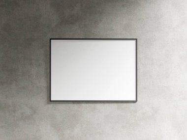 Boş yatay poster çerçevesi oturma odasının içinde, endüstriyel oturma odasının arka planında 3D görüntüleme.