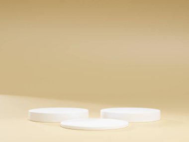 Geometrik podyum platformlu 3D ürün minimal görüntüsü. Podyumlu silindir arkaplan 3d. Kozmetik ürünleri anlamına geliyor. 3D stüdyosundaki sahne gösterisi.