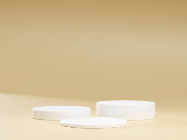Geometrik podyum platformlu 3D ürün minimal görüntüsü. Podyumlu silindir arkaplan 3d. Kozmetik ürünleri anlamına geliyor. 3D stüdyosundaki sahne gösterisi.