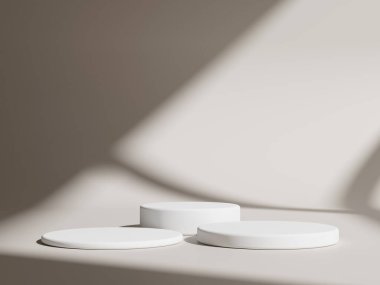 Geometrik podyum platformlu 3D ürün minimal görüntüsü. Podyumlu silindir arkaplan 3d. Kozmetik ürünleri anlamına geliyor. 3D stüdyosundaki sahne gösterisi.