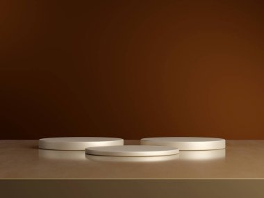 Geometrik podyum platformlu 3D ürün minimal görüntüsü. Podyumlu silindir arkaplan 3d. Kahverengi arka planda kozmetik ürünleri anlamına geliyor. 3D Kahverengi Stüdyoda Sahne Gösterimi