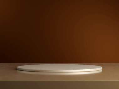 Geometrik podyum platformlu 3D ürün minimal görüntüsü. Podyumlu silindir arkaplan 3d. Kahverengi arka planda kozmetik ürünleri anlamına geliyor. 3D Kahverengi Stüdyoda Sahne Gösterimi