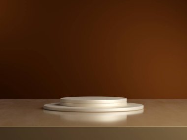 Geometrik podyum platformlu 3D ürün minimal görüntüsü. Podyumlu silindir arkaplan 3d. Kahverengi arka planda kozmetik ürünleri anlamına geliyor. 3D Kahverengi Stüdyoda Sahne Gösterimi