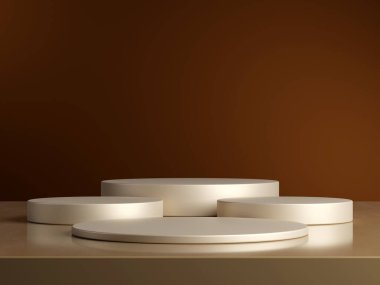 Geometrik podyum platformlu 3D ürün minimal görüntüsü. Podyumlu silindir arkaplan 3d. Kahverengi arka planda kozmetik ürünleri anlamına geliyor. 3D Kahverengi Stüdyoda Sahne Gösterimi