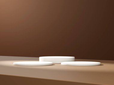 Geometrik podyum platformlu 3D ürün minimal görüntüsü. Podyumlu silindir arkaplan 3d. Kahverengi arka planda kozmetik ürünleri anlamına geliyor. 3D Kahverengi Stüdyoda Sahne Gösterimi