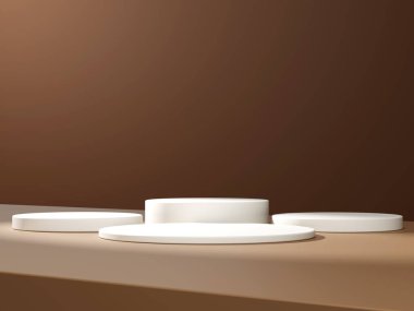 Geometrik podyum platformlu 3D ürün minimal görüntüsü. Podyumlu silindir arkaplan 3d. Kahverengi arka planda kozmetik ürünleri anlamına geliyor. 3D Kahverengi Stüdyoda Sahne Gösterimi