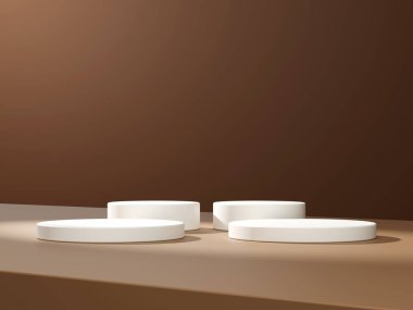 Geometrik podyum platformlu 3D ürün minimal görüntüsü. Podyumlu silindir arkaplan 3d. Kahverengi arka planda kozmetik ürünleri anlamına geliyor. 3D Kahverengi Stüdyoda Sahne Gösterimi