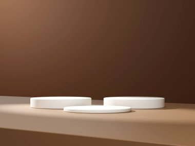 Geometrik podyum platformlu 3D ürün minimal görüntüsü. Podyumlu silindir arkaplan 3d. Kahverengi arka planda kozmetik ürünleri anlamına geliyor. 3D Kahverengi Stüdyoda Sahne Gösterimi
