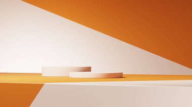 Geometrik podyum platformlu 3D ürün minimal görüntüsü. Podyumlu silindir arkaplan 3d. Kozmetik ürünleri anlamına geliyor. 3D Kahverengi Turuncu Stüdyo 'da sahne gösterisi