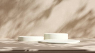 Kahverengi arka plan duvarında bitki gölgesi olan güzellik ve kaplıca ürünleri için taş podyum. Ürün yerleştirme için lüks granit malzeme nötr estetik iç mekan