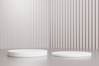 Gerçekçi beyaz silindir kaide seti olan soyut beyaz 3D oda. Ürün sunumu için en küçük sahne. 3 boyutlu geometrik platform. Gösteri için sahne.