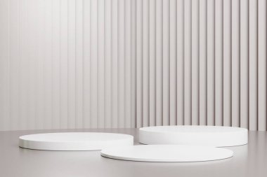 Gerçekçi beyaz silindir kaide seti olan soyut beyaz 3D oda. Ürün sunumu için en küçük sahne. 3 boyutlu geometrik platform. Gösteri için sahne.