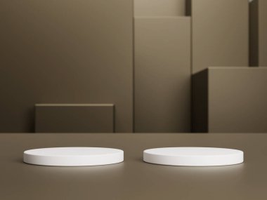 Soyut kahverengi 3D silindir kaidesi ya da podyum. Kozmetik ürün tanıtımı için açık kahverengi, modern minimal sahne. 3d biçimlendirme platform tasarımı