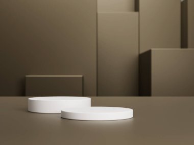 Soyut kahverengi 3D silindir kaidesi ya da podyum. Kozmetik ürün tanıtımı için açık kahverengi, modern minimal sahne. 3d biçimlendirme platform tasarımı