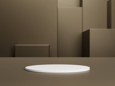 Soyut kahverengi 3D silindir kaidesi ya da podyum. Kozmetik ürün tanıtımı için açık kahverengi, modern minimal sahne. 3d biçimlendirme platform tasarımı