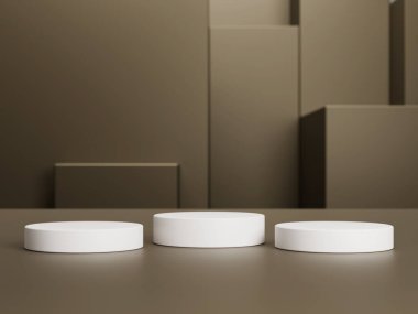 Soyut kahverengi 3D silindir kaidesi ya da podyum. Kozmetik ürün tanıtımı için açık kahverengi, modern minimal sahne. 3d biçimlendirme platform tasarımı