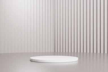 Gerçekçi beyaz silindir kaide seti olan soyut beyaz 3D oda. Ürün sunumu için en küçük sahne. 3 boyutlu geometrik platform. Gösteri için sahne.