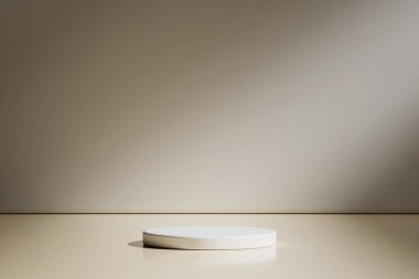 Geometrik podyum platformlu en az ürün sahnesini göster. Podyumlu silindir arkaplan 3d. Kozmetik ürünleri anlamına geliyor. 3D Kahverengi Stüdyoda Sahne Gösterimi